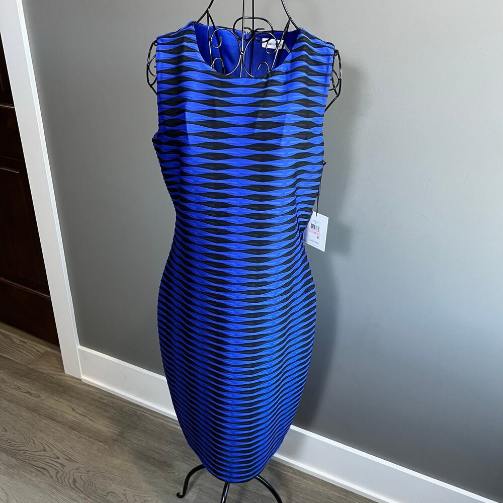 NWT Calvin Klein Women's Blue Black Sleeveless Textured Sheath Dress Size 12
